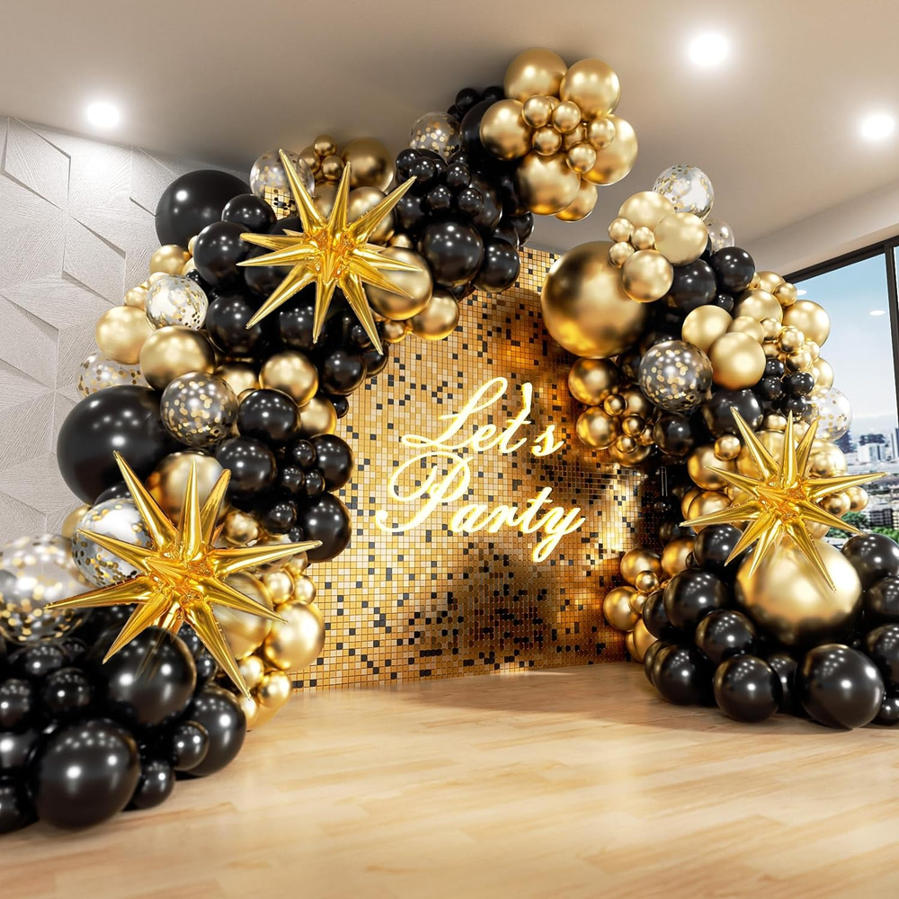 Black and Gold Balloons Garland Arch Kit, 5 10 12 18inch Black Gold Confetti Lat