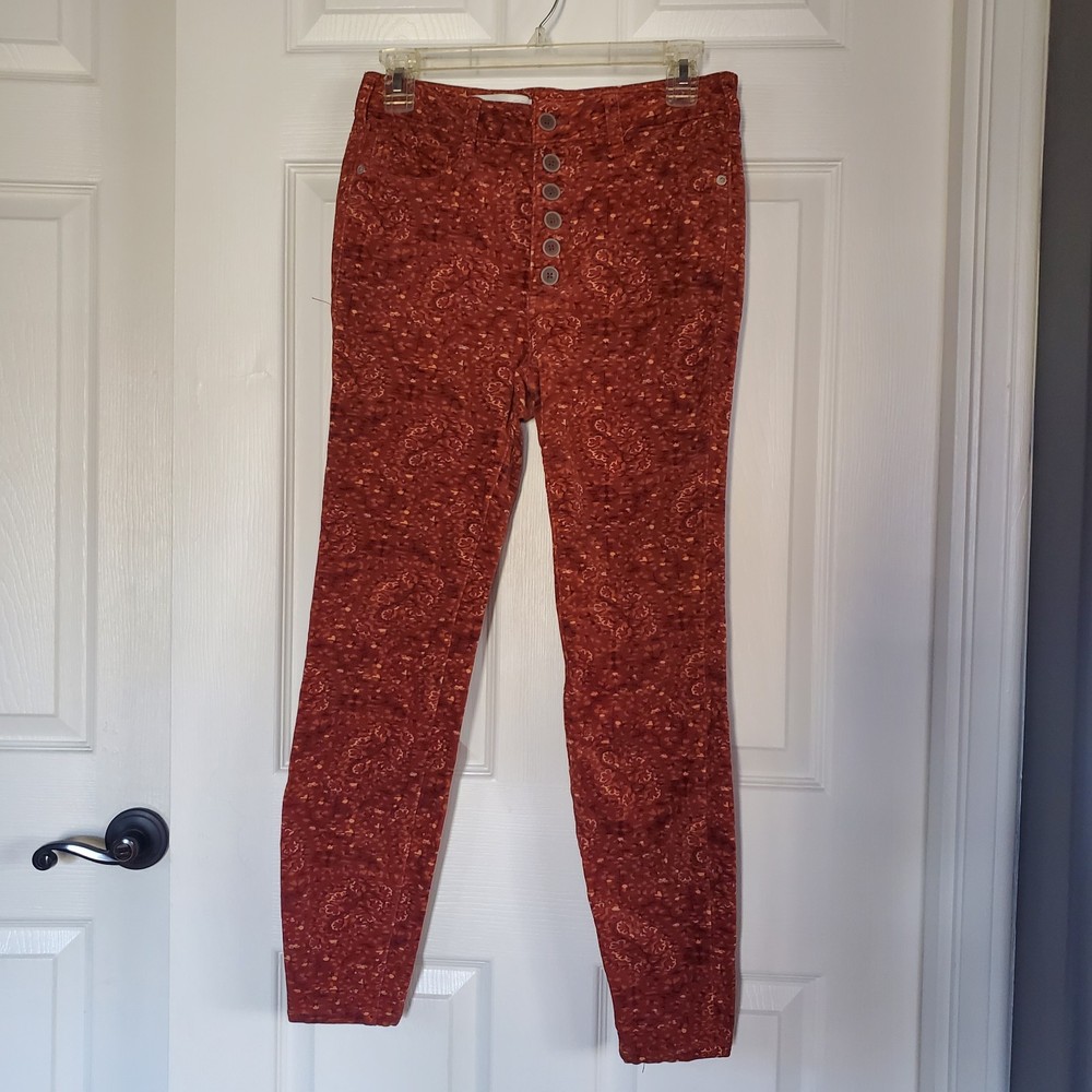 Anthropologie Pilcro High Rise Skinny Corduroy Pants in Orange Motif Size 27