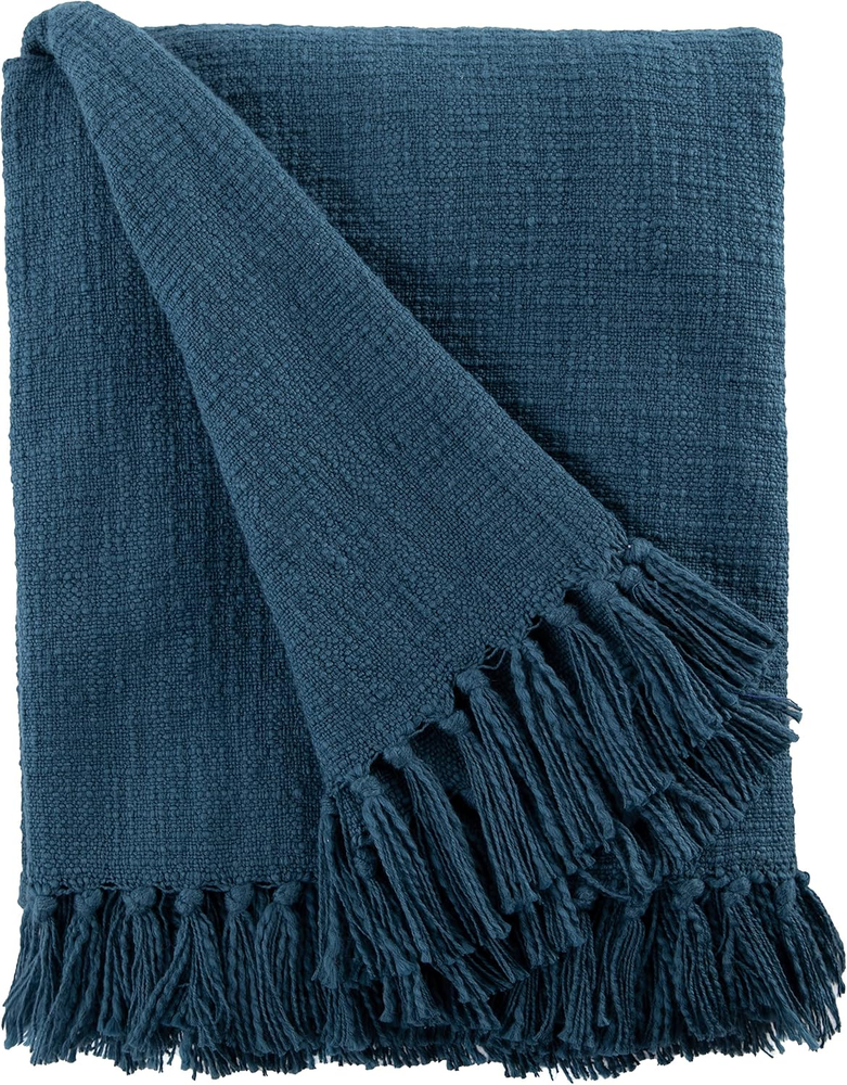 Navy Blue Boho Woven Cotton Throw Blanket 60x50 with Fringe for Couch