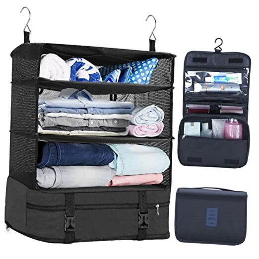 携帯用ハンギングトラベル棚 トイレタリーバッグセット付き、OUMEDUOプレミアムブラック