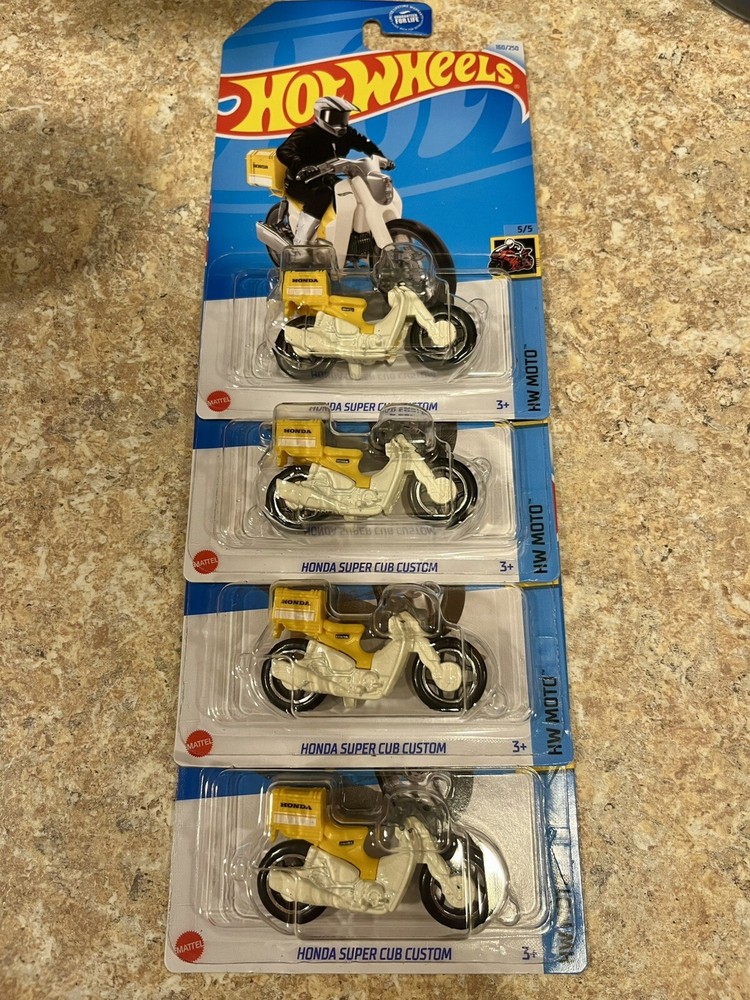 2024 Hot Wheels Dollar General White & Yellow Honda Super Cub Custom Lot Of 4!