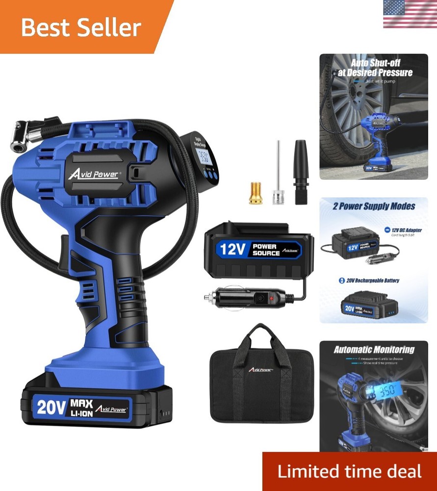 Portable Air Compressor, 20V Rechargeable Battery Tire Pump w/ 12V DC Power A...