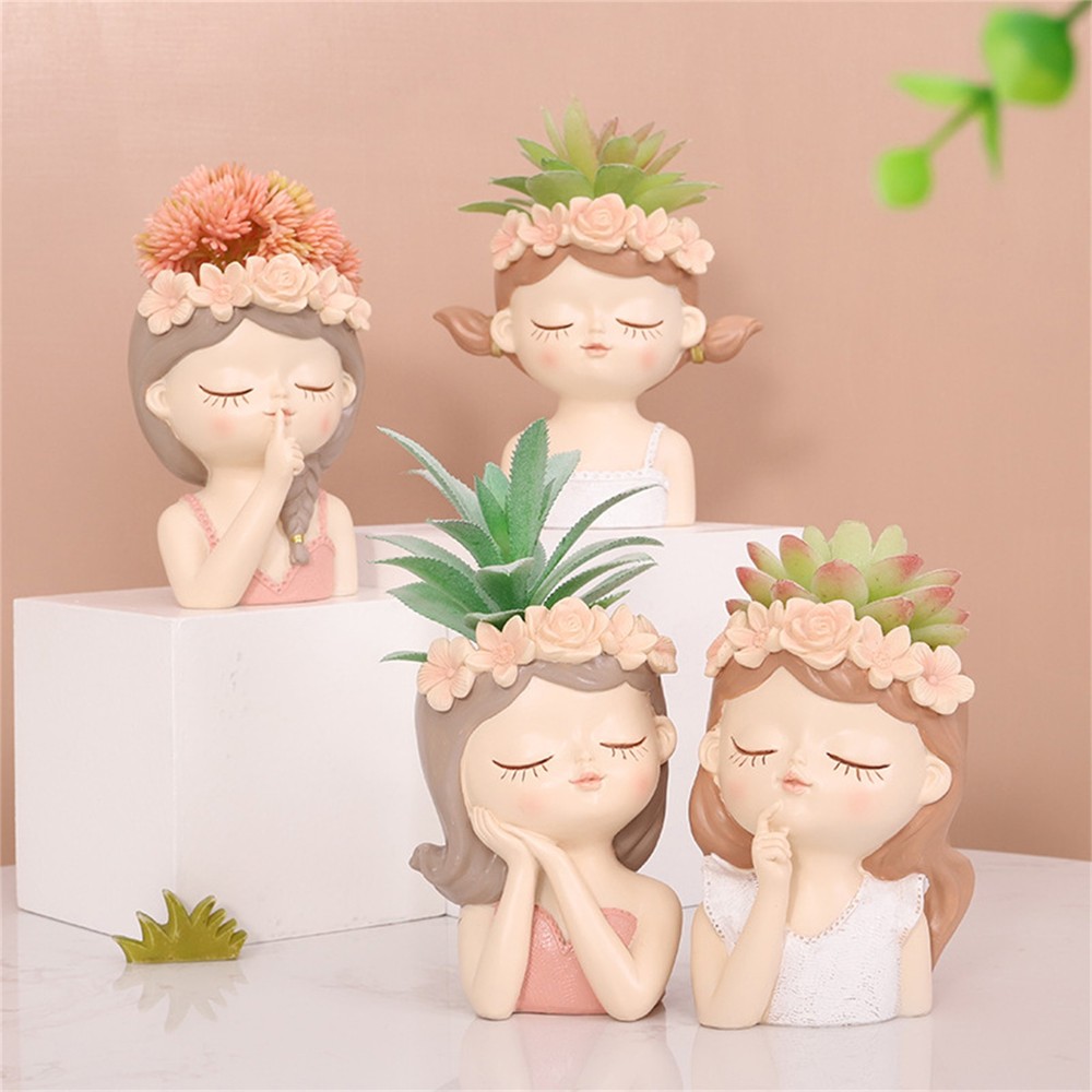 Cute Flower Pot Cartoon Girl Face Succulents Plant Pot Resin Head Planter Decor