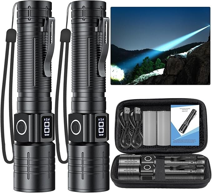 NEW-LED Flashlights, 2 Pack, 50000 Lumens, Super Bright, Rechargable, Waterproof