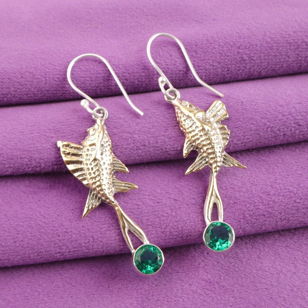 925 Sterling Silver Round Cut Natural Green Emerald May Birthstone Dangling Earrings for Mom  