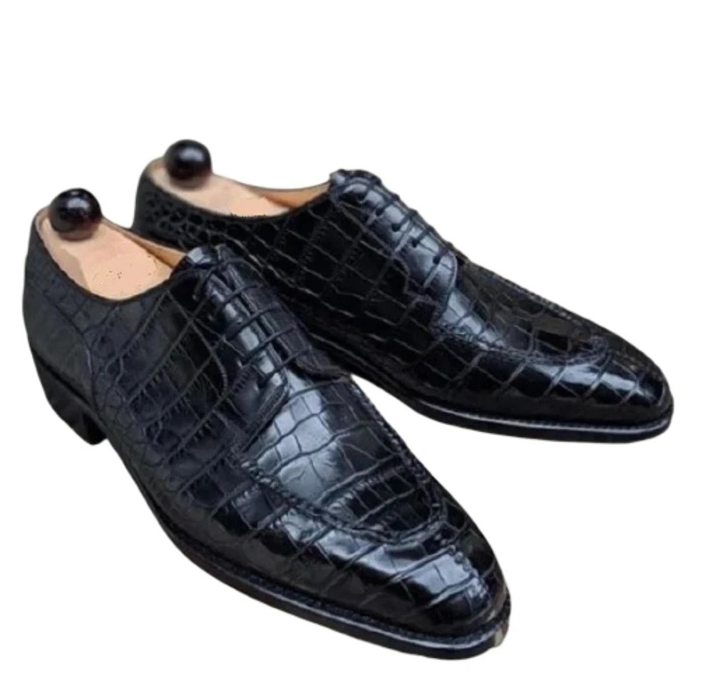 Handmade Derby Lace Up Crocs Leather Casual Dress Shoes For Men