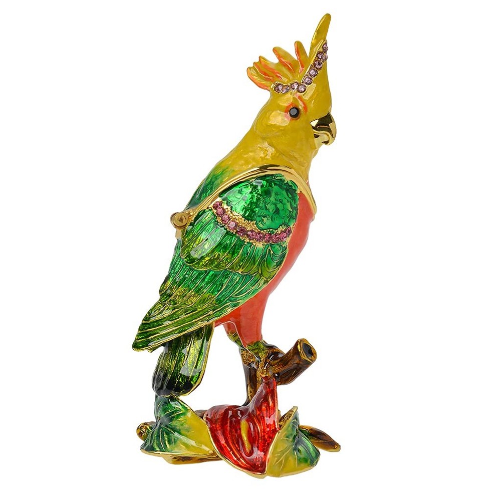Golden Crystal Enameled Parrot Jewelry Box with Hand-Painted Cockatoo Design