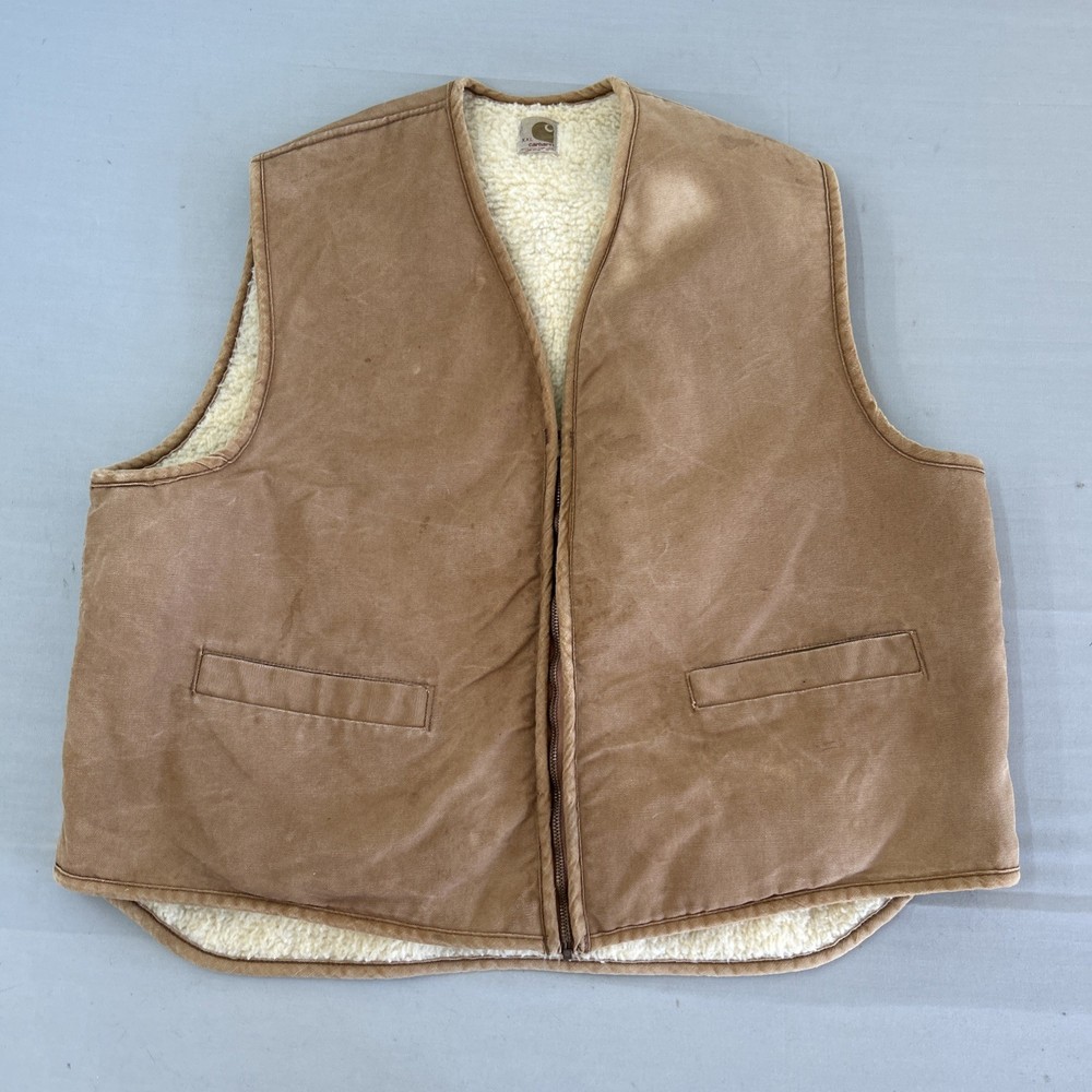 Vtg 🔥 70s Carhartt Mens 2XL Sherpa Lined Vest Duck Canvas Workwear Distress USA