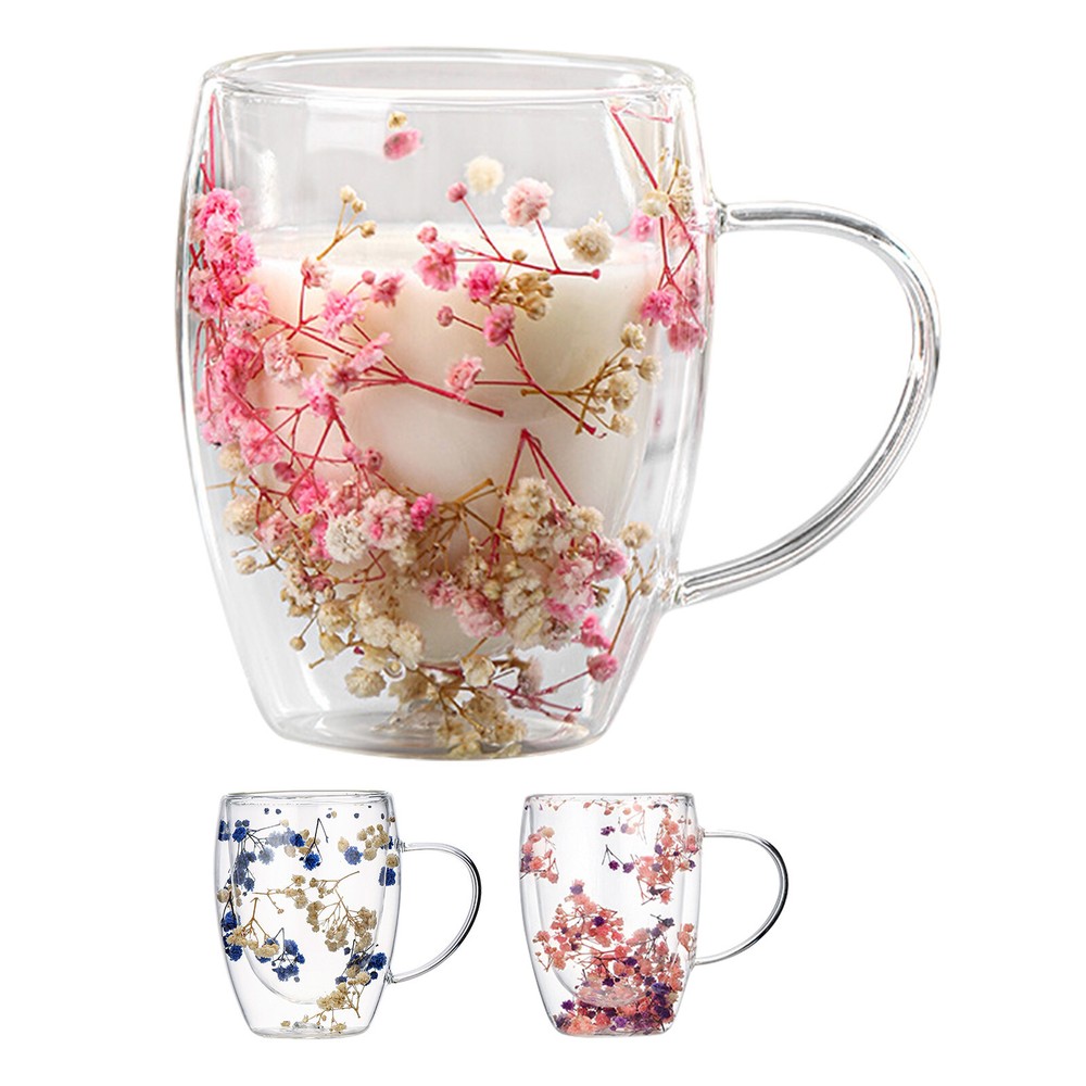 Dry Flowers Double Wall Glass Cup Glass Tea Cup Double Wall Insulated Coffee Mug