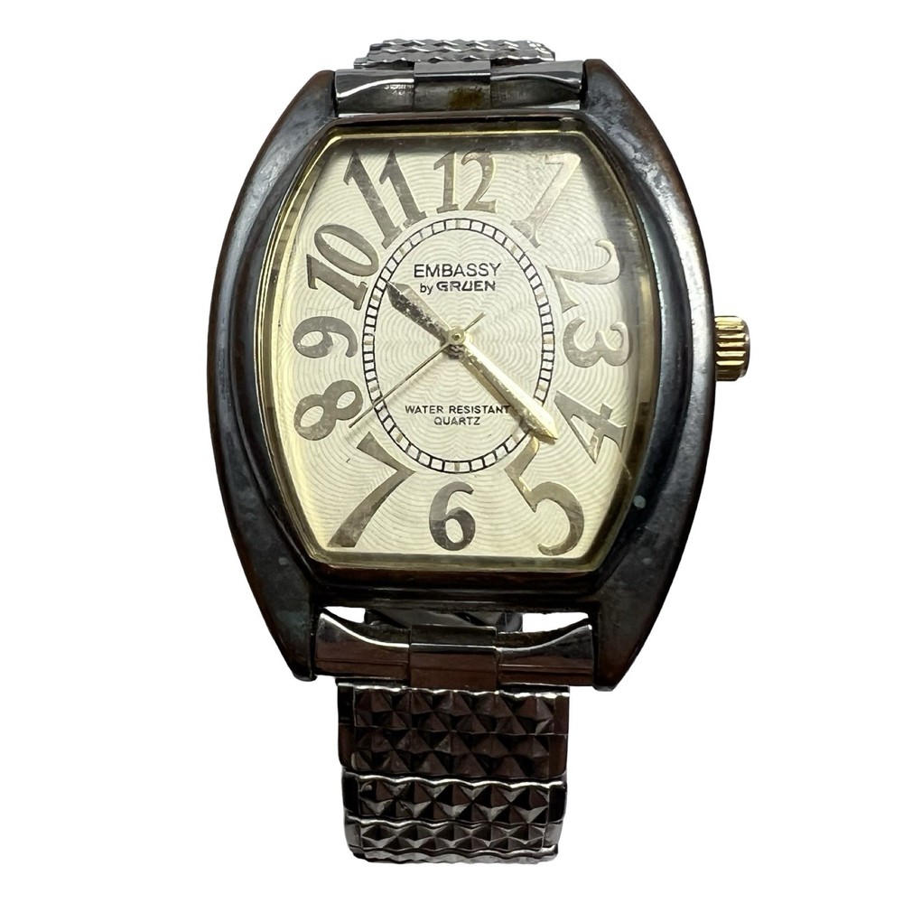 Gruen Embassy Mens Watch 38mm Tank Silver Stretch Band Vintage Needs Battery