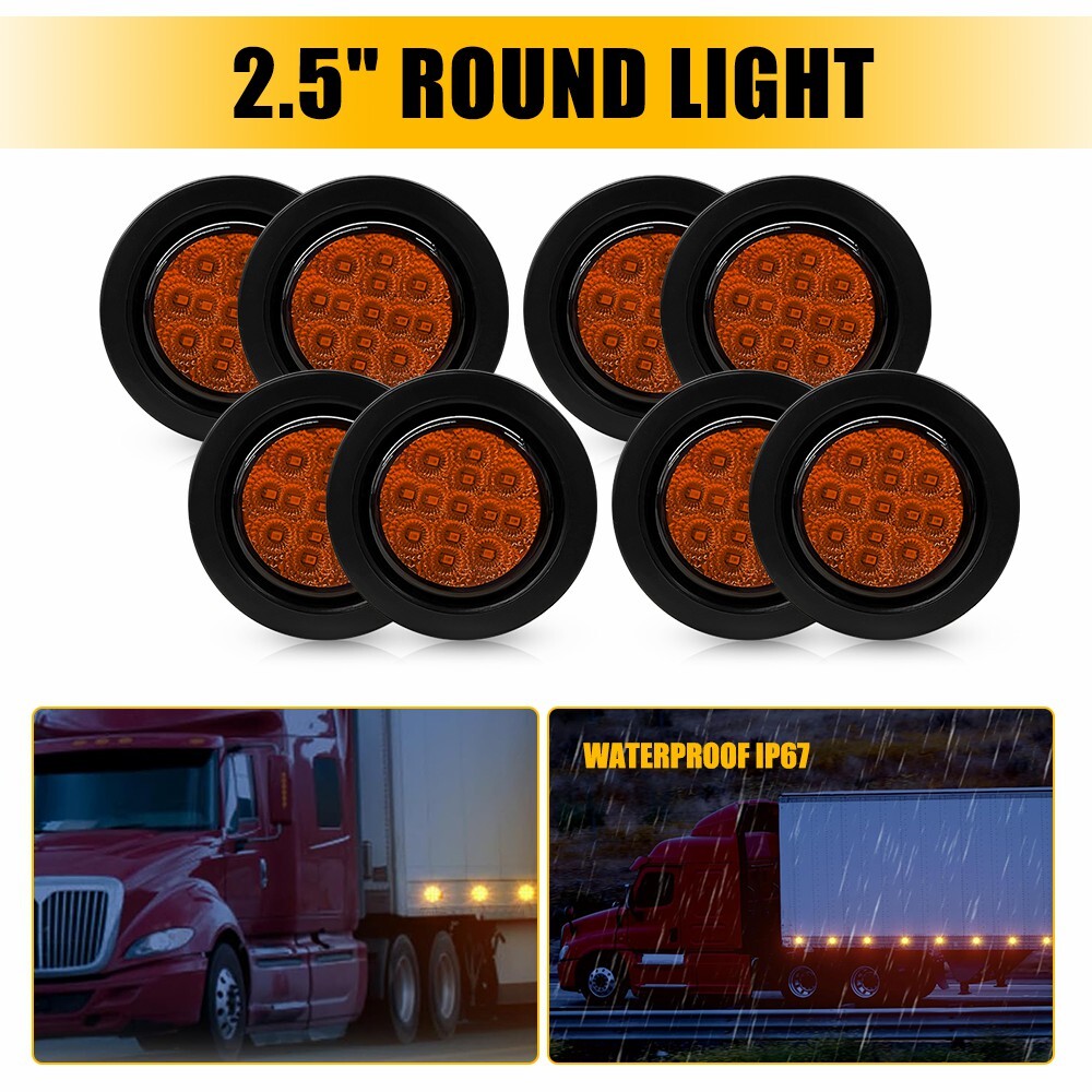 8-Pack Amber Side Marker Lights – 2.5 Inch Round Clearance Running Lights for Trucks, Trailers, and Heavy-Duty Vehicles – Durable, Weatherproof, and Easy to Install