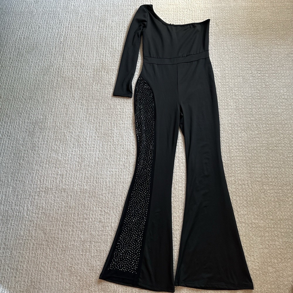 Women’s Black One Shoulder Rhinestone Mesh Jumpsuit Clubwear Party Outfit Size L