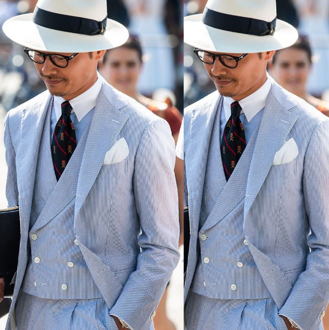 Leisure Blue Seersucker Men's Suits Formal Wedding Groom Tuxedos Three Pieces