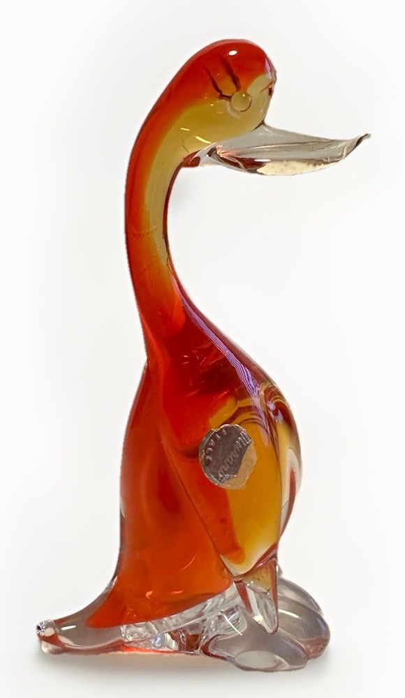 Vintage Murano Italy Handblown Art Glass 6” Orange Duck Figurine Label MCM