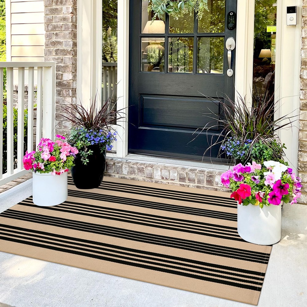 Farmhouse 3x5 Outdoor Rug, Black and Khaki Striped Rugs Washable, Cotton Wove...