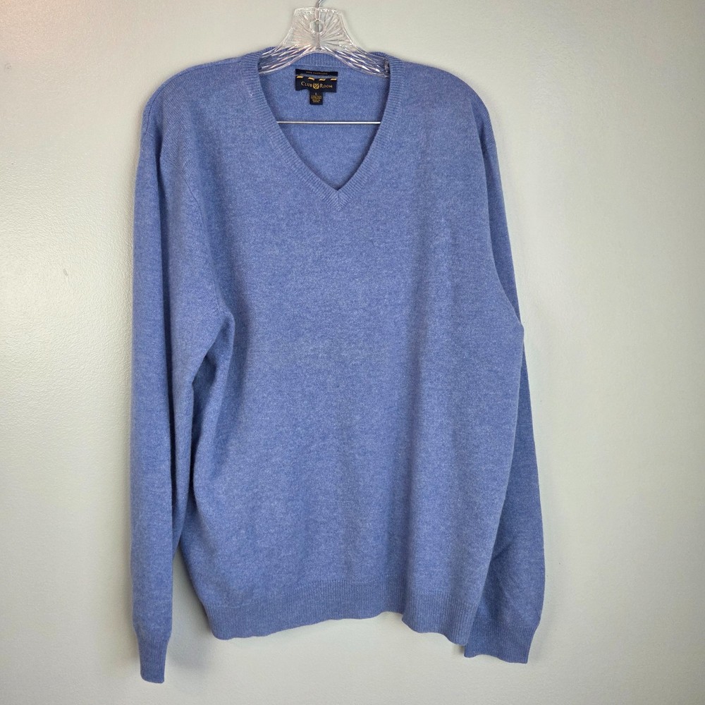 Club Room 100% Cashmere Sweater Mens Large Blue V-Neck Knit Pullover