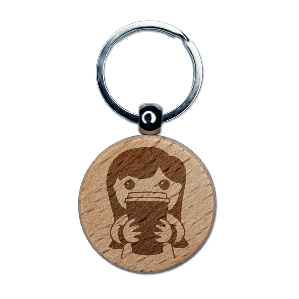 Latte Girl Coffee Engraved Wood Round Keychain Tag Charm