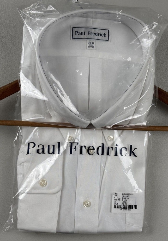 NIP Paul Fredrick Men Dress Shirt 20-37 Solid White Cotton Packaging Long Sleeve