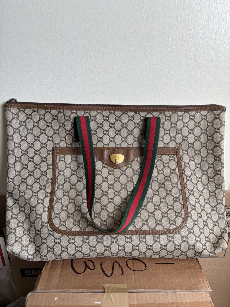GUCCI Sherry Line GG Plus PVC Leather Crossbody Bag Beige Brown XL