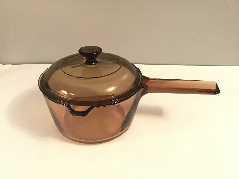 Vision Ware 1L Amber Glass Sauce Pan With Pour Spout & Lid USA Corning Pyrex