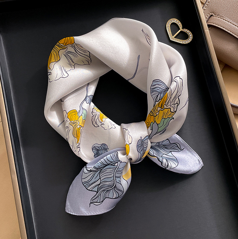100% Mulberry Silk Square Scarf 53x53cm Women's Bandana Wrap White Chrysanthemum Design