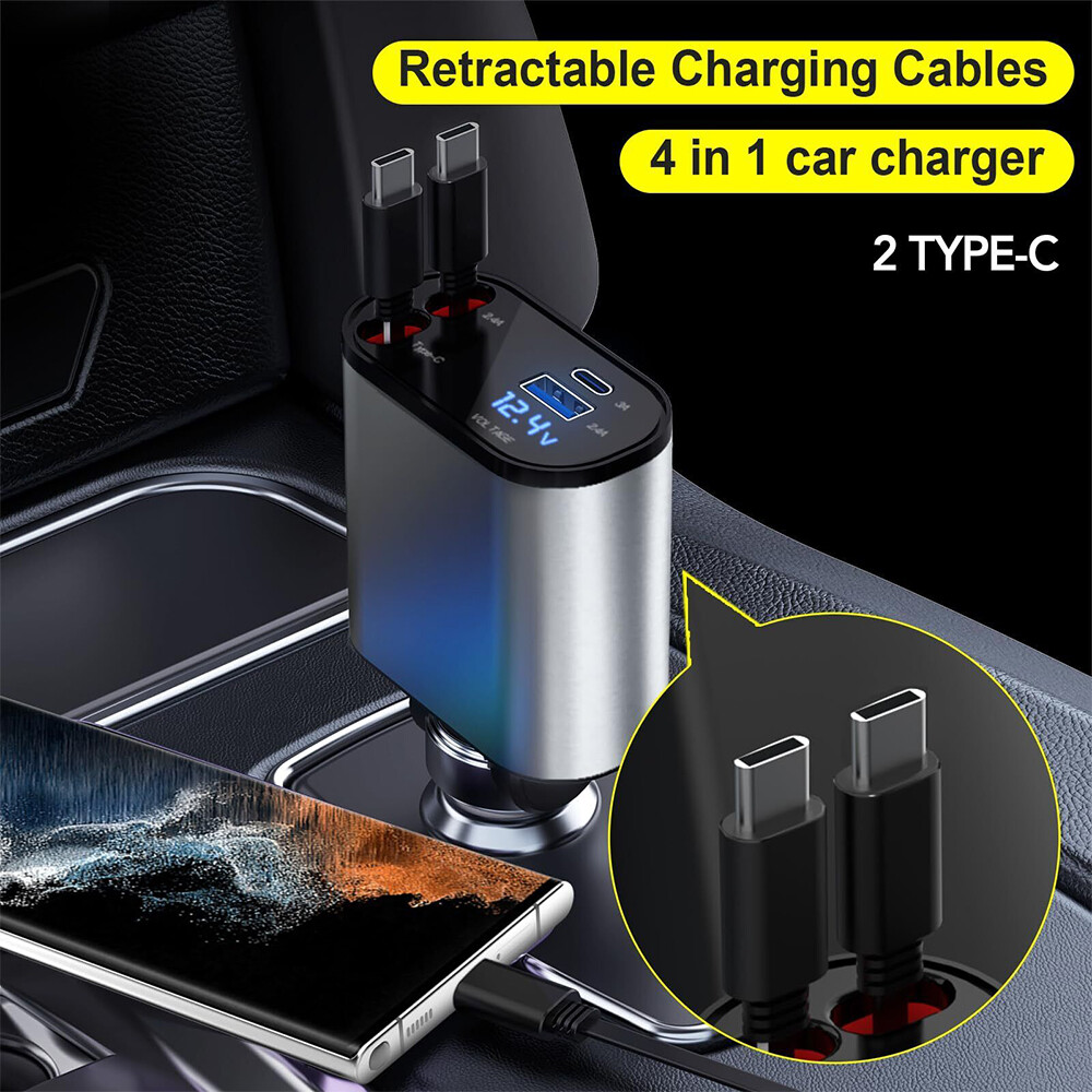 100W 4-in-1 Retractable Car Charger with USB-C & Dual Port for Huawei Samsung Fast Charging
