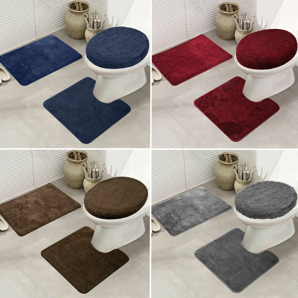 3Pcs Absorbent U-Shaped Bathroom Rug Set with Non-Slip Bath Mat