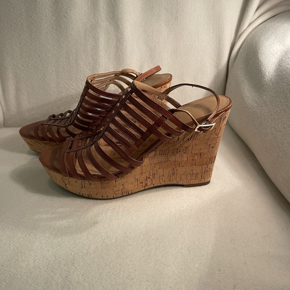 Franco Sarto Women’s Sombre Brown Leather Strapping Cork Wedge 9.5 M