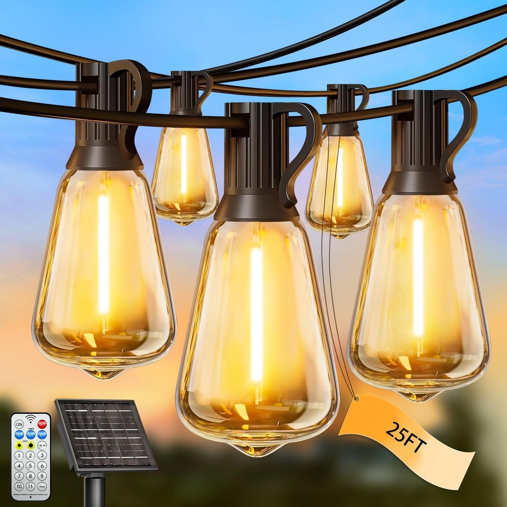 25 Ft Solar String Lights Outdoor Waterproof With Remote And USB C Rechargeable