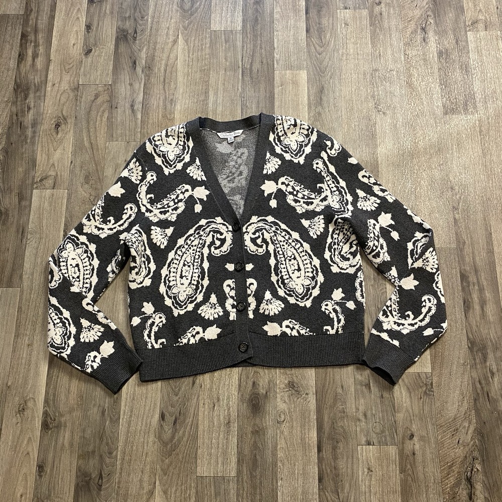 Ophelia Roe Womens XL Gray White Button Front Paisley Cardigan