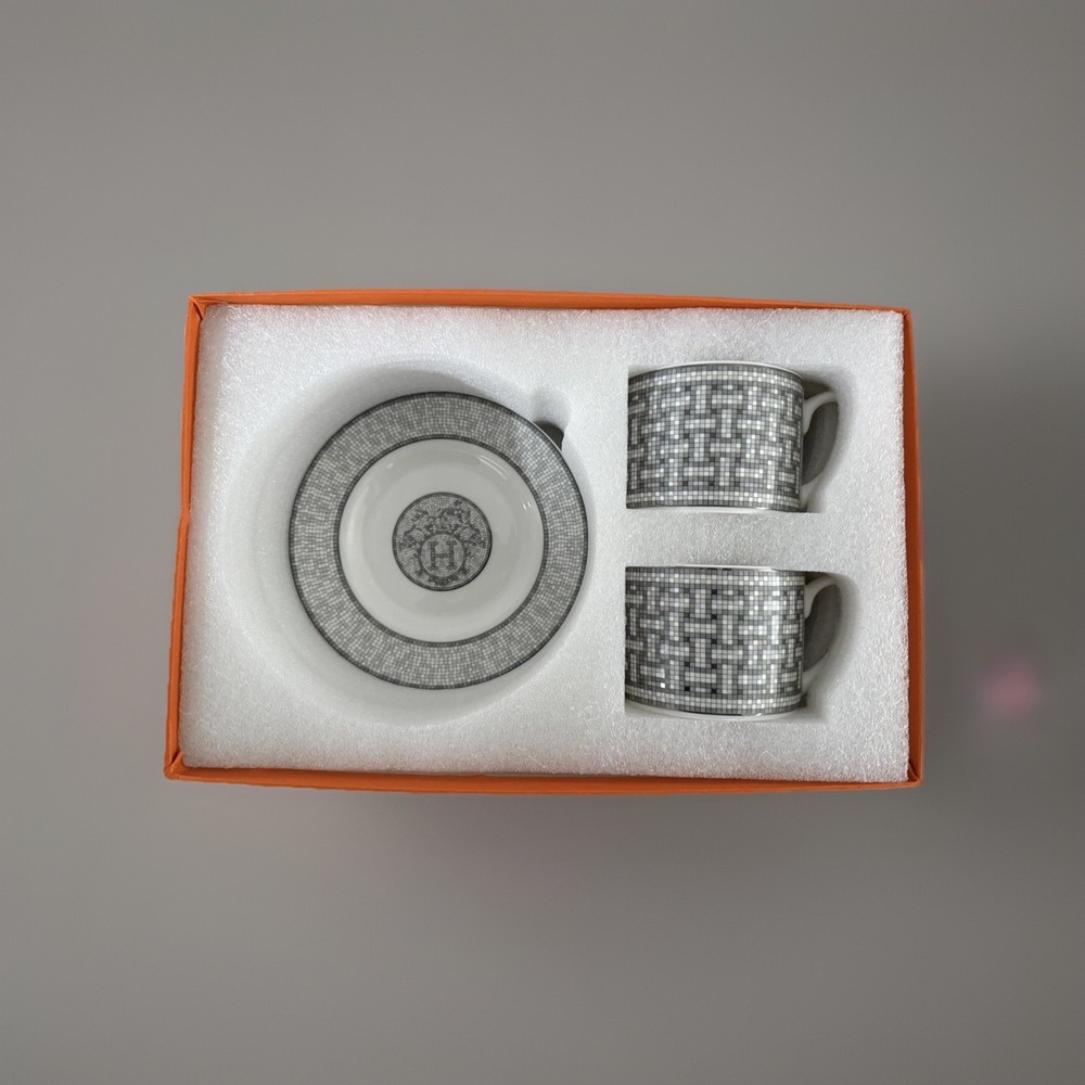 Hermes Paris Large Morning Soup Cup & Saucer Mosaique Au 24 Platinum 2 Sets wBox