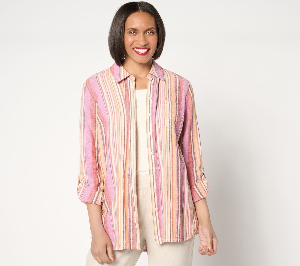 Denim & Co. Women's Top Sz M Naturals Linen Blend Regular Multi-colored A643833