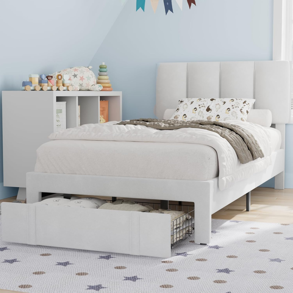 Twin Bed Frame with Storage Drawer, Heavy-Duty Platform Bedframe with Headboard