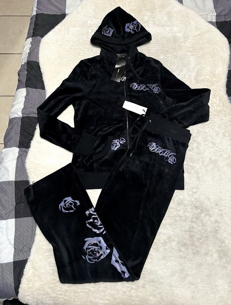BCBG Max Azria Black Purple Embellish Velour Set Sweat Pants Hoodie Medium Y2K