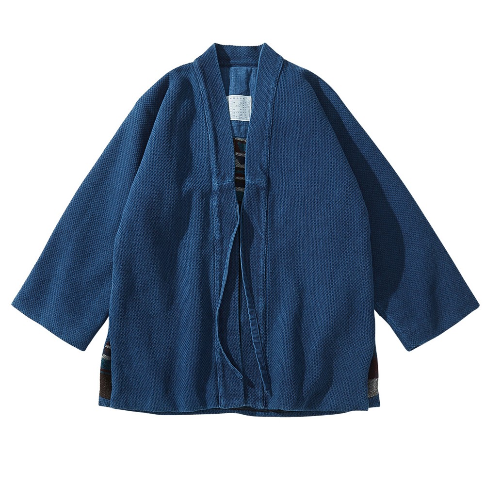 Men's Indigo Dyeing Taoist Robe Vintage Casual Coat Loose Jacket Japanese Kimono