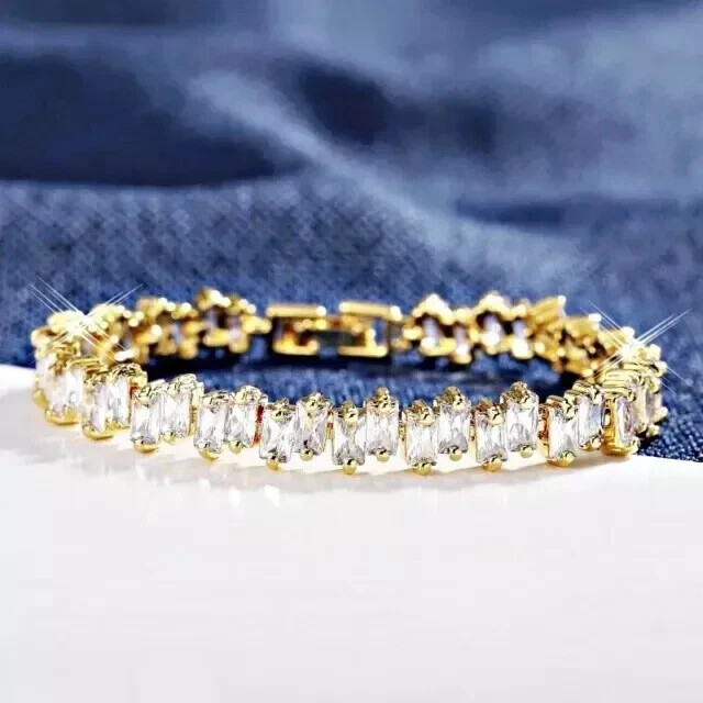 15ct Baguette Lab Diamond 14k Gold Plated Tennis Bracelet 7.5 Inch