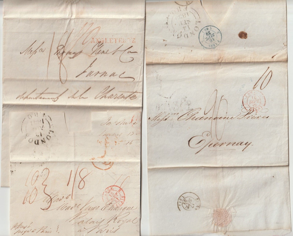 1820/41 WRAPPER & 2 ENTIRE LETTERS LONDON TO FRANCE DIFF POSTAGE RATES  FBO PMKS