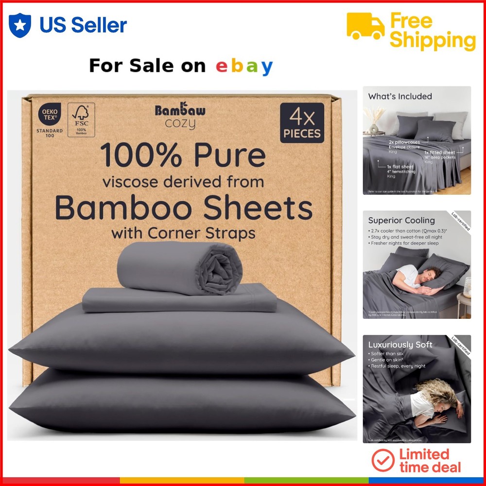King Size Bamboo Cooling Sheet Set 4pcs Soft Breathable Deep Pocket Bedding