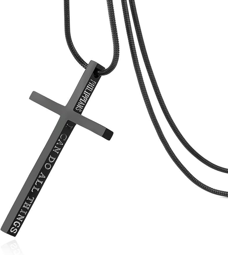 Men Stainless Steel Philippians 4:13 Cross Pendant Strength Bible Verse Necklace