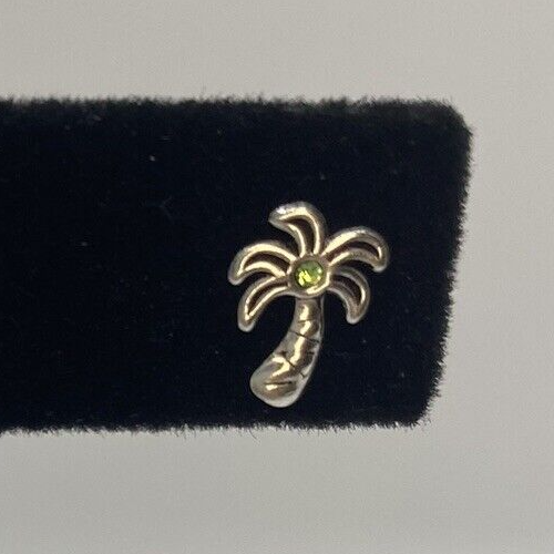 Sterling silver palm tree stud earrings with green crystal center for women and teens