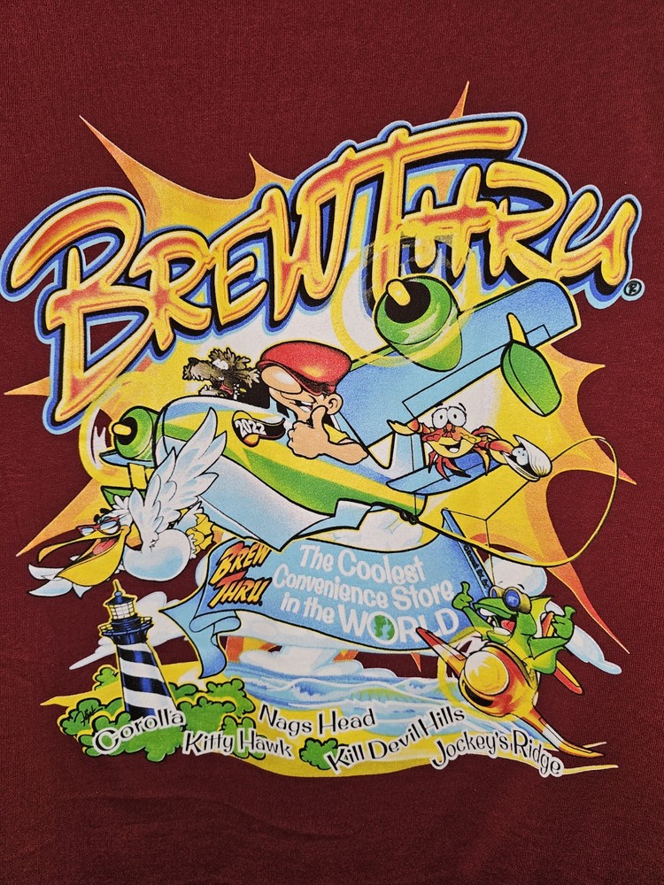 Brew Thru OBX North Carolina 2022 Large Mens Red Graphic Logo Short Sleeve Tee