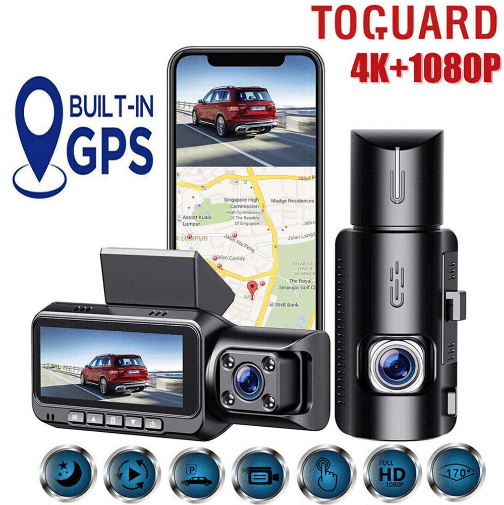 TOGUARD 4K 1080P GPS Dual Lens Dash Cam with Night Vision for Front and Inside Car