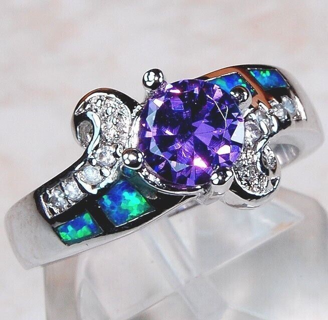 Amethyst & Australian Opal Inlay 925 Solid Sterling Silver Ring Jewelry Sz 7
