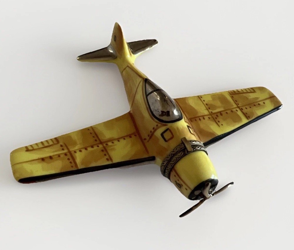 Limoges France Trinket Box WWII Navy Plane Hand Painted Yellow Porcelain