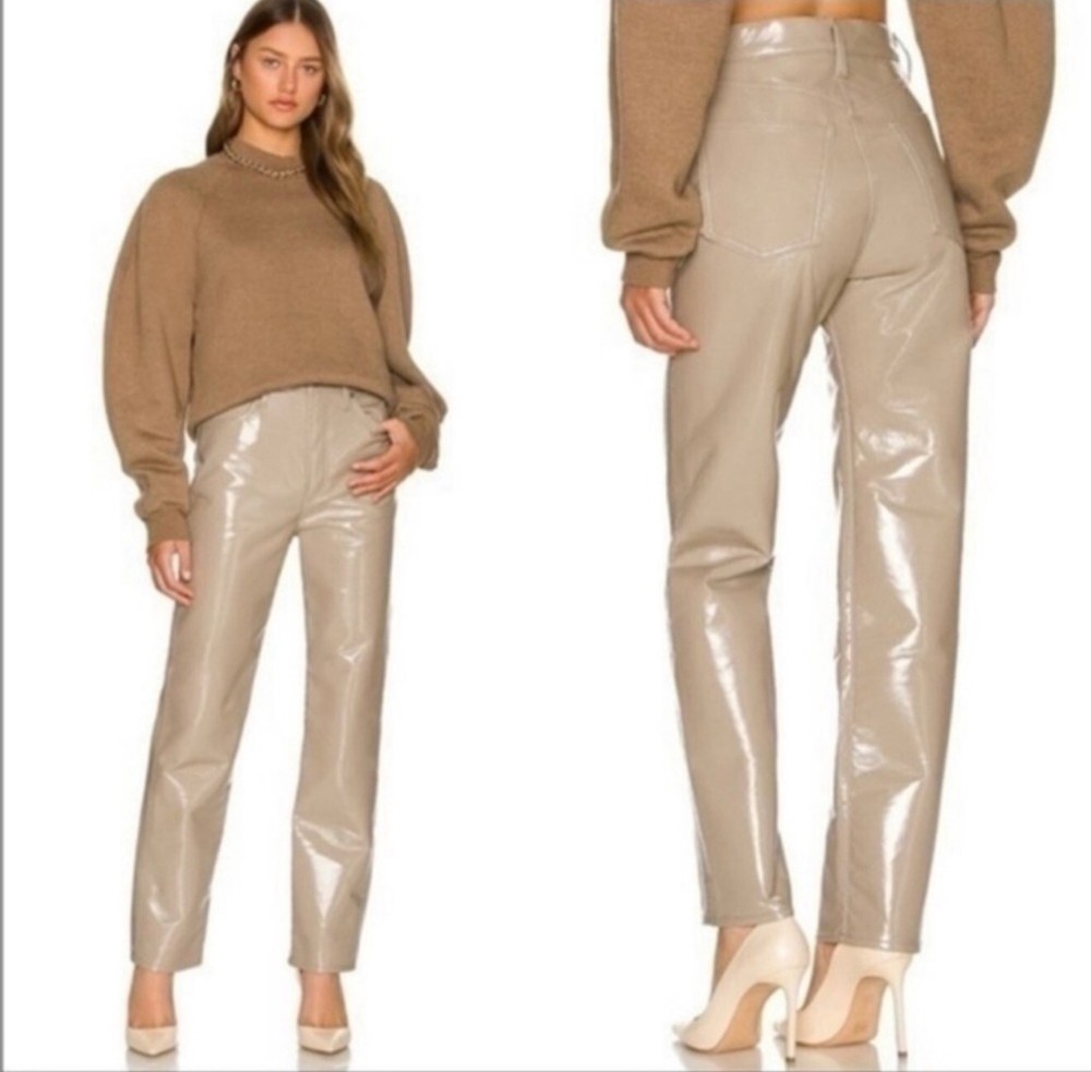 Agolde recycled leather 90s pinch waist Quail Patent Pants sz 30 tan khaki