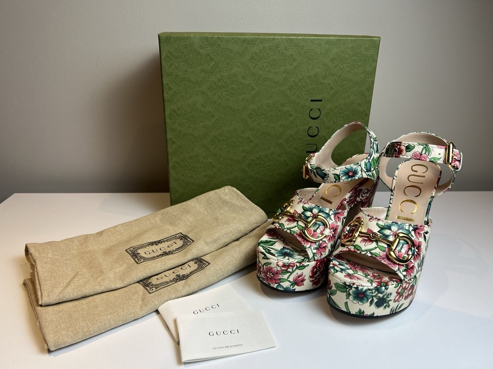 NWT Gucci Floral Horsebit Ankle Strap Sandals Heels EU 38
