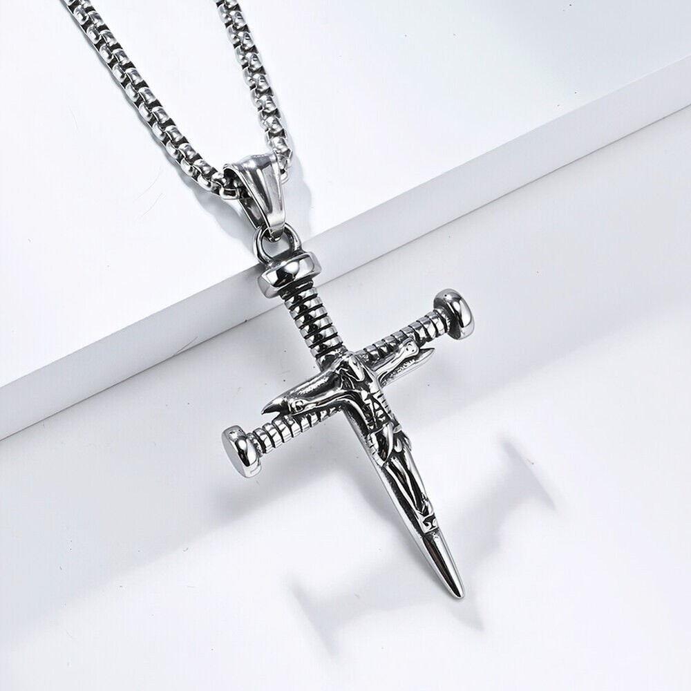 Hombres Mujeres Calavera Uñas Cruz Collar Acero Inoxidable Crucifijo Colgante Caja Cadena