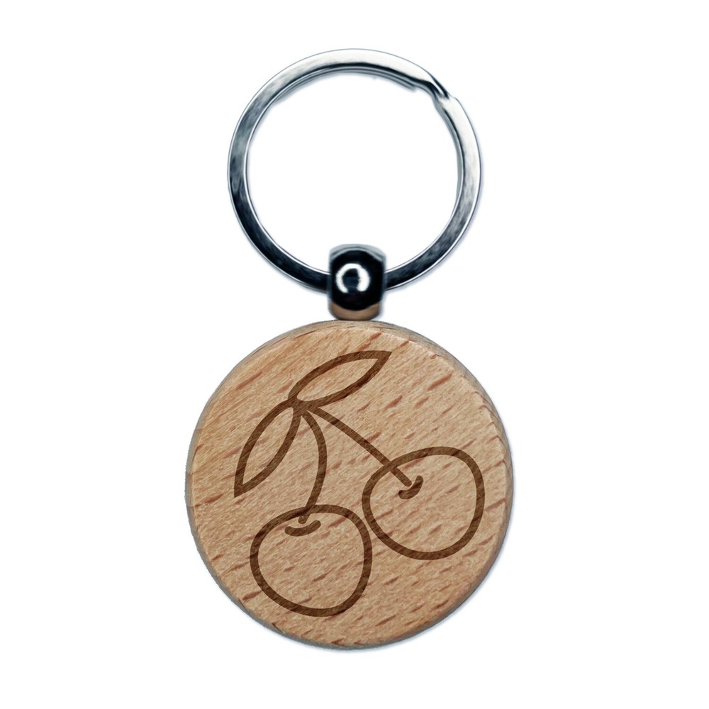 Pair of Cherries Outlined Engraved Wood Round Keychain Tag Charm