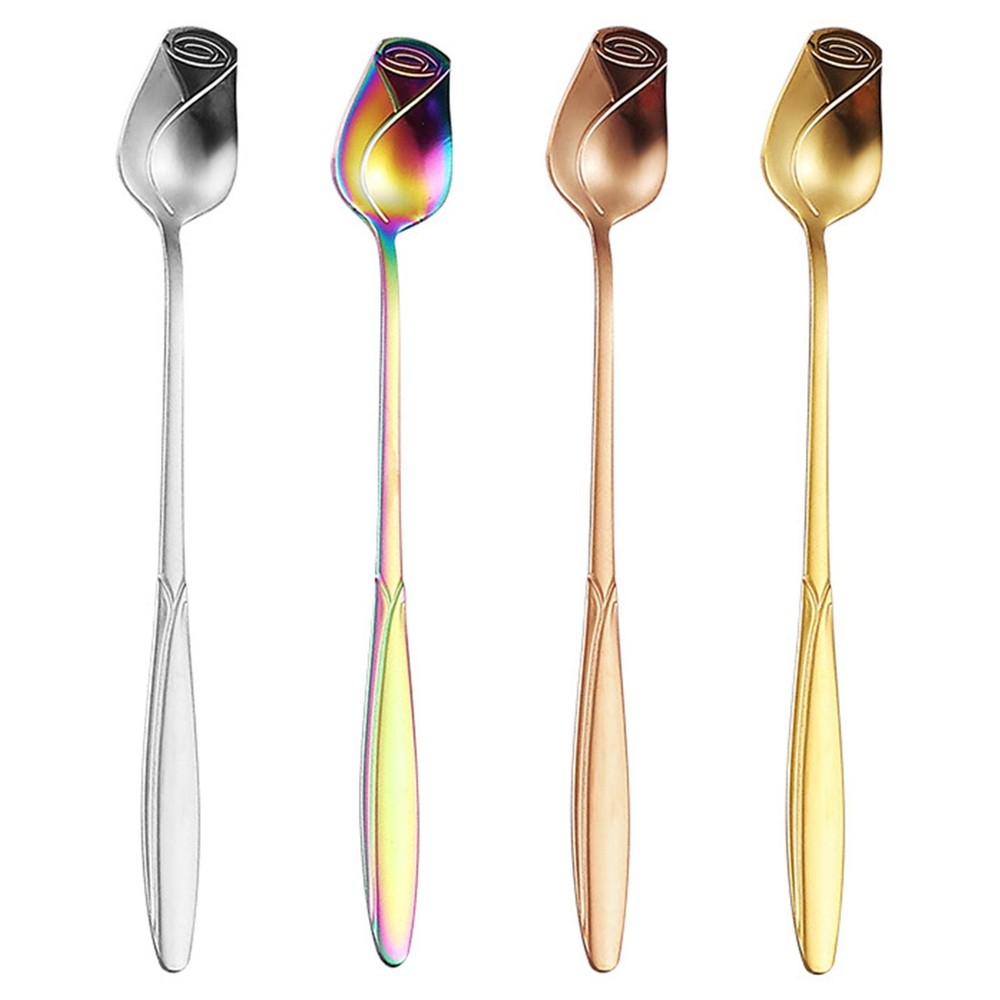 Spoons Silverware Stainless Steel Tea Dinner Home Long Handle Rose Shape Spoons