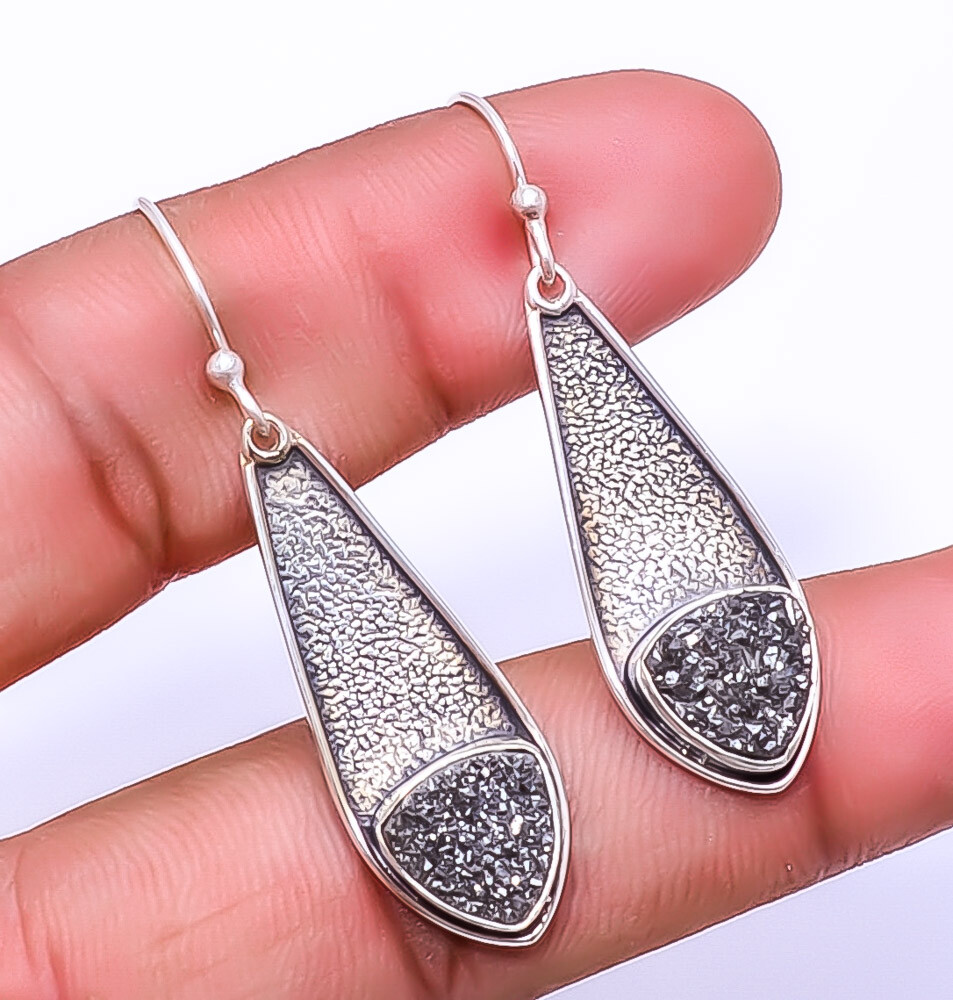Black Titanium Agate Drusy Designer 925 Sterling Silver Earring 1.64